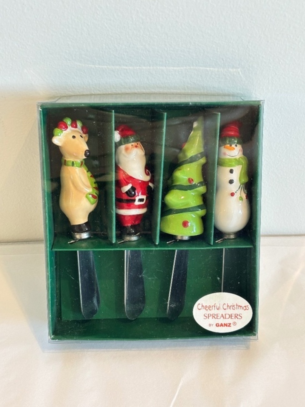 Vintage GANZ Cheerful Christmas spreaders ceramic & stainless steel Santa Frosty
